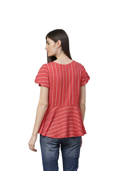 women rayon stripe printed regular top red