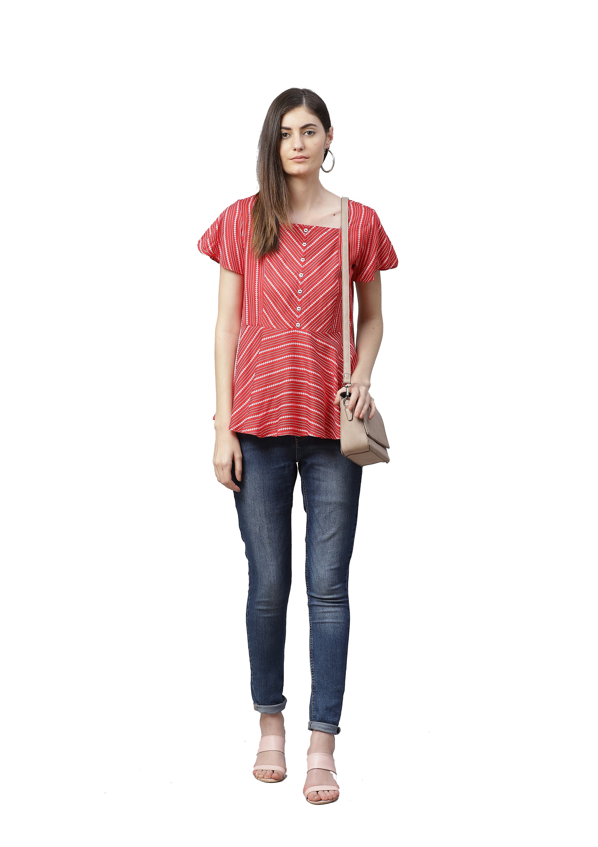 women rayon stripe printed regular top red