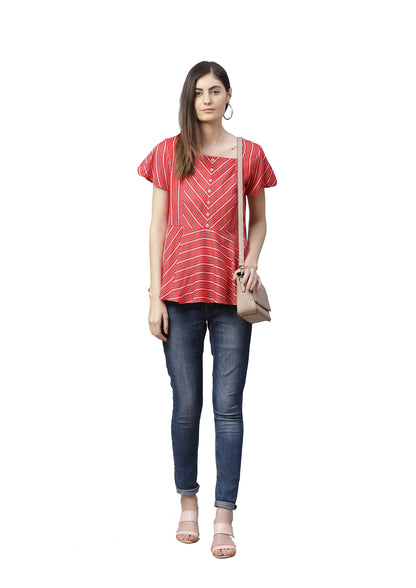 women rayon stripe printed regular top red