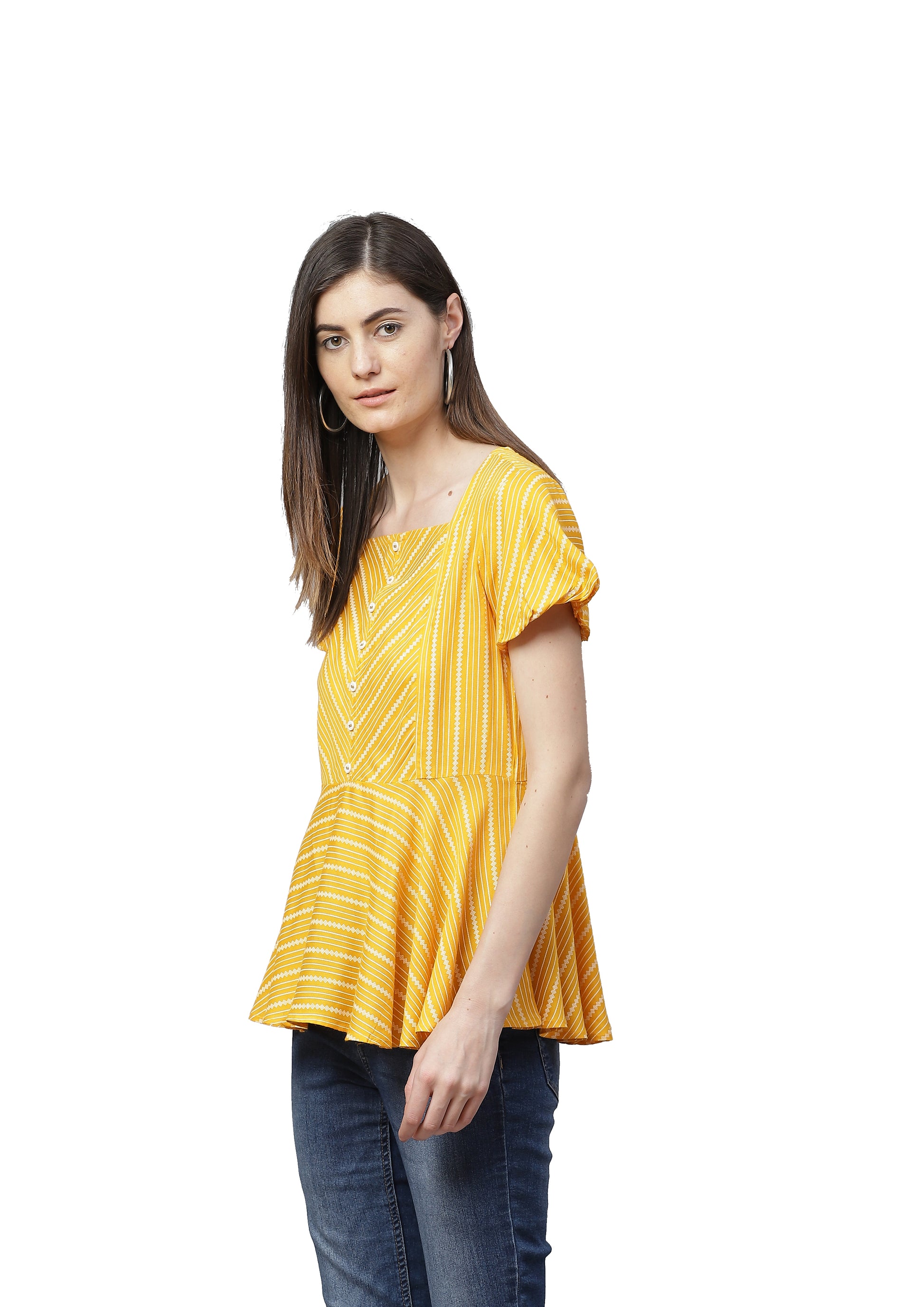 women rayon stripe printed regular top mustard
