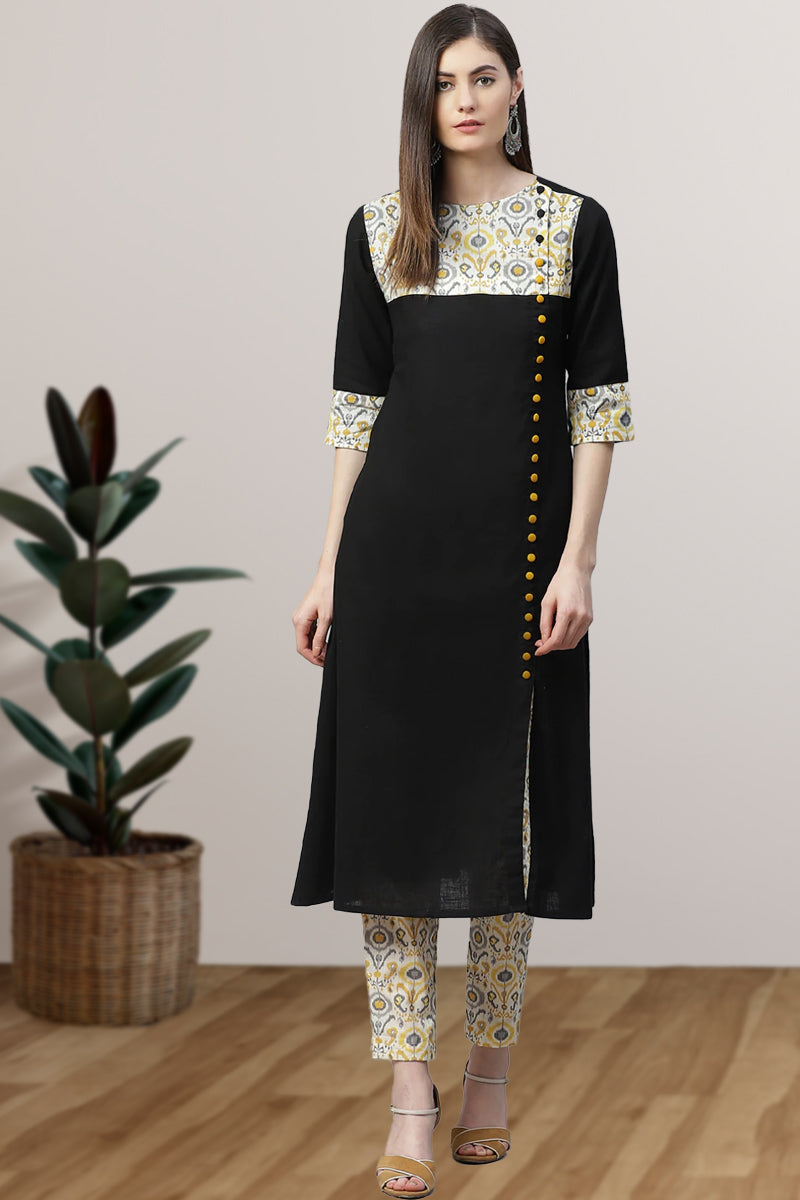 women cotton a line kurta with ikat printed pant black