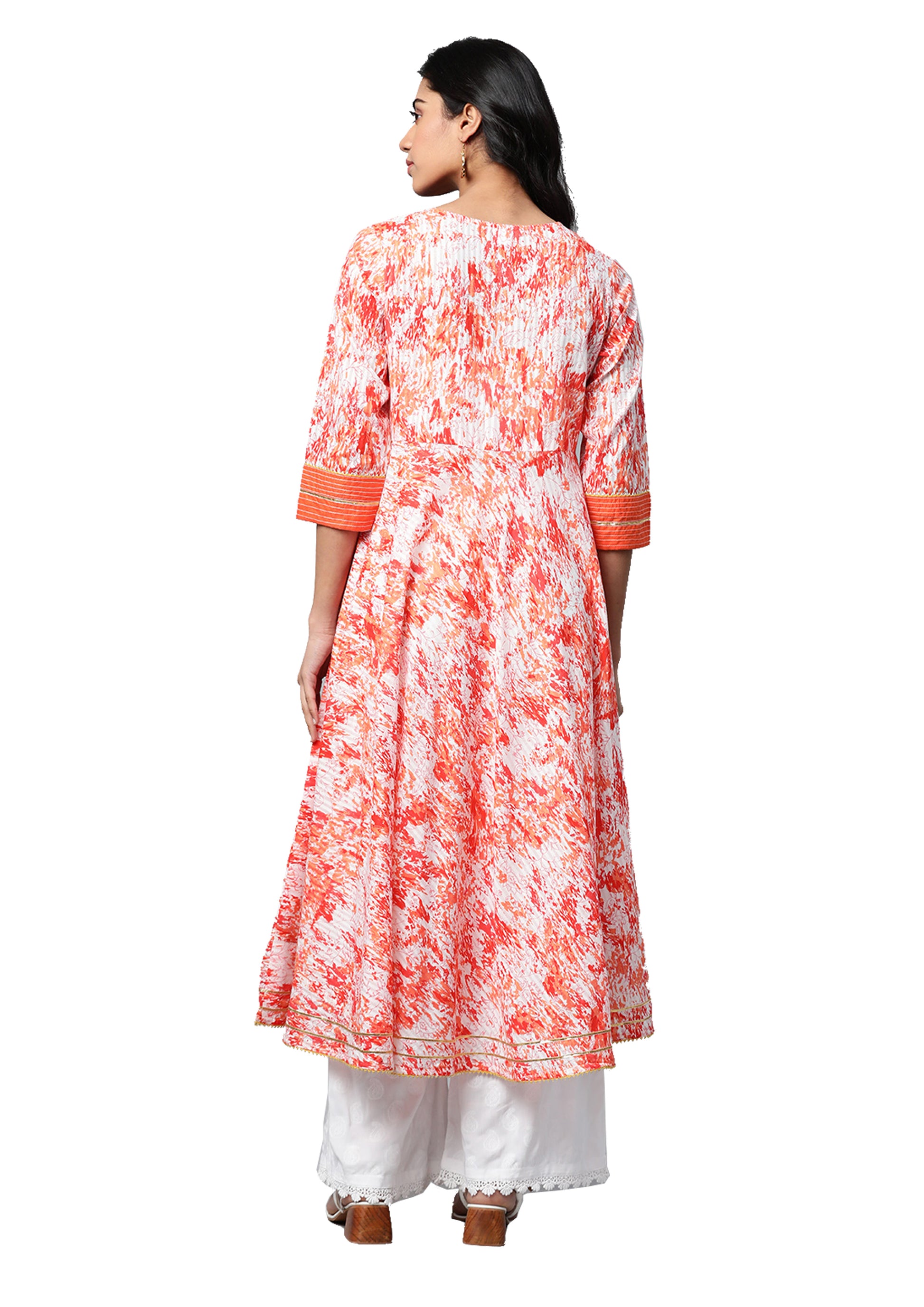  Cotton Tie & Dye Printed Anarkali Kurta (Orange)