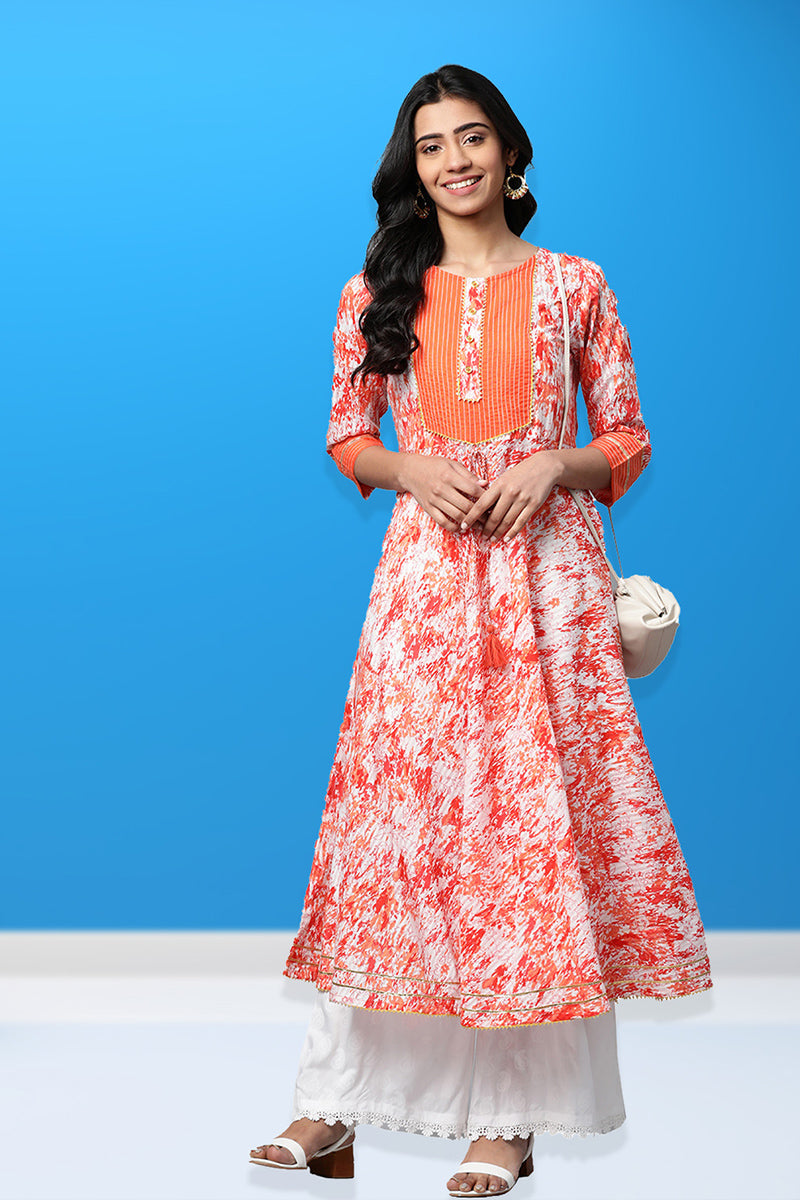 women cotton tie dye printed anarkali kurta orange