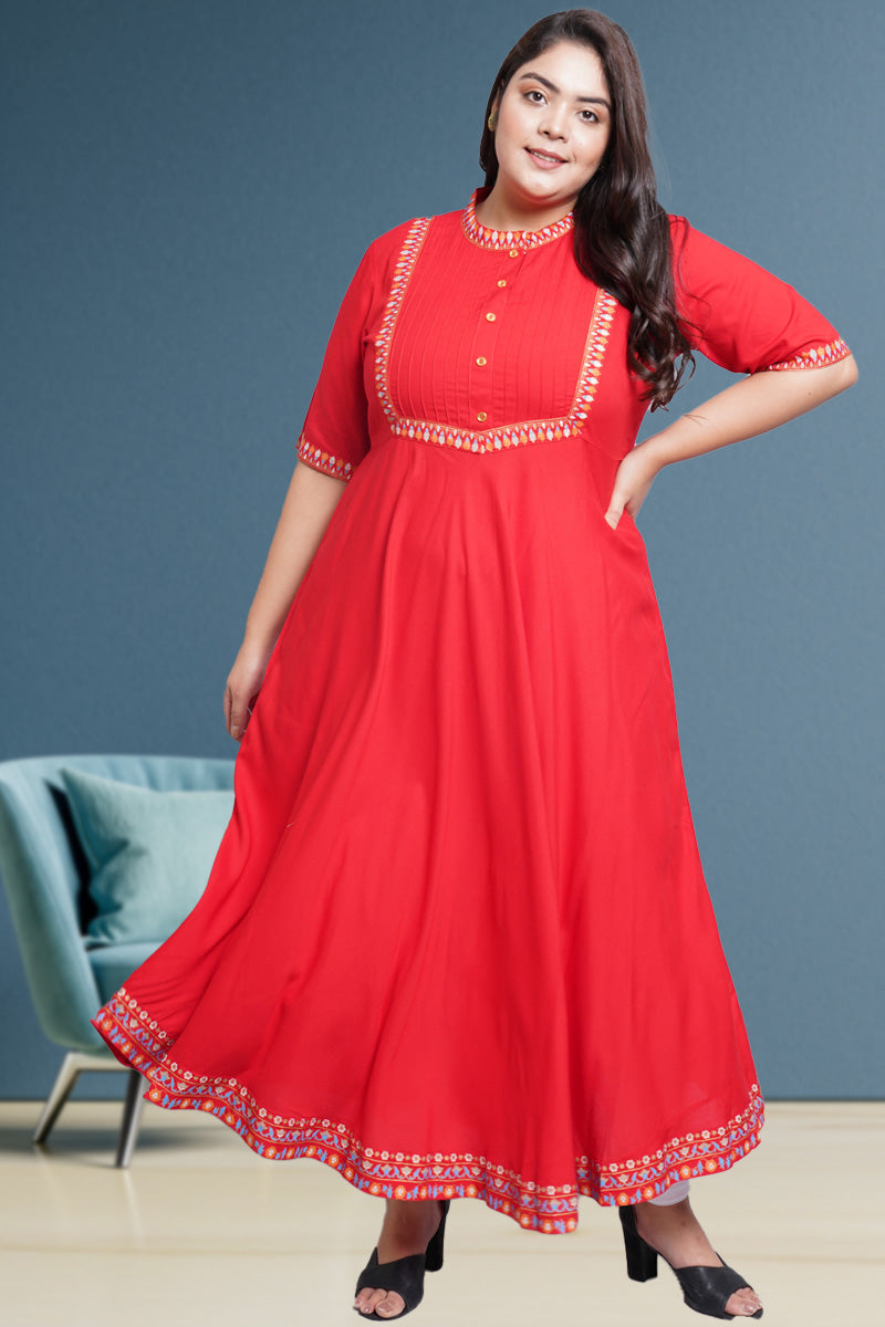 womens rayon pintucks anarkali kurta red