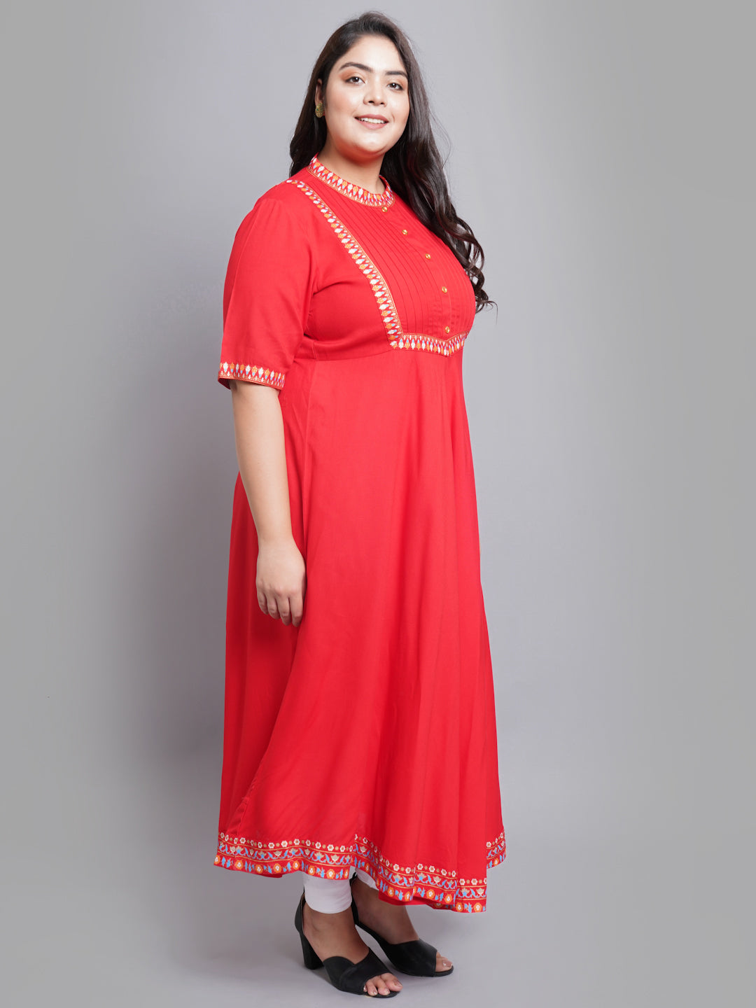 womens rayon pintucks anarkali kurta red