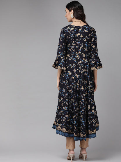 womens rayon floral print angrakha kurta blue