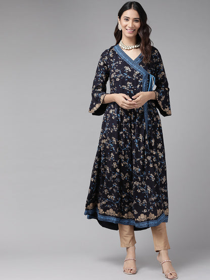 womens rayon floral print angrakha kurta blue