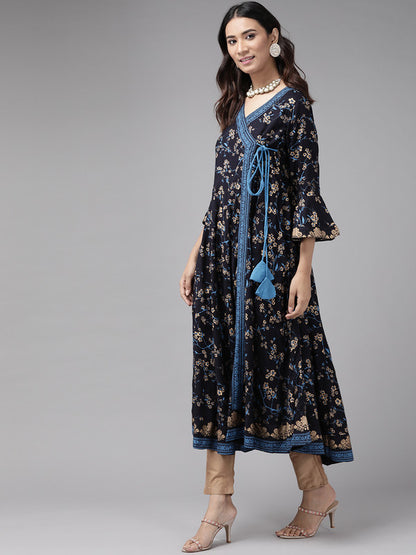 womens rayon floral print angrakha kurta blue