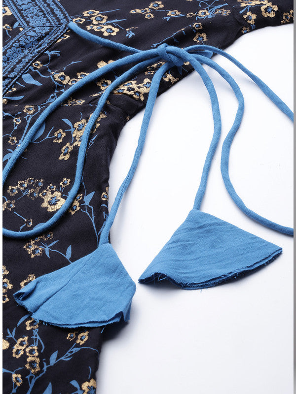 womens rayon floral print angrakha kurta blue