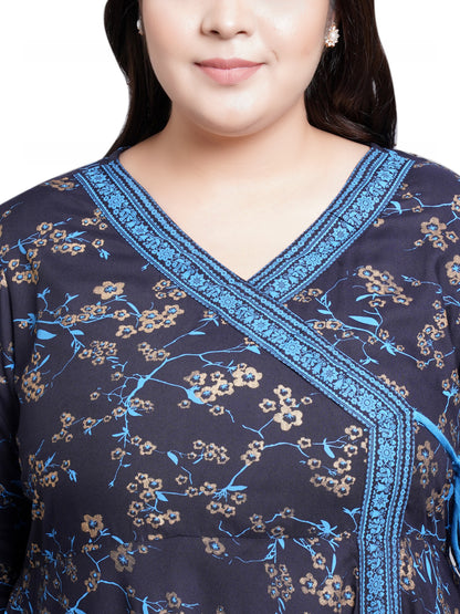 womens rayon floral print angrakha kurta blue