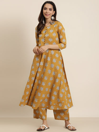 women cotton floral printed straight kurta with palazzo mustard