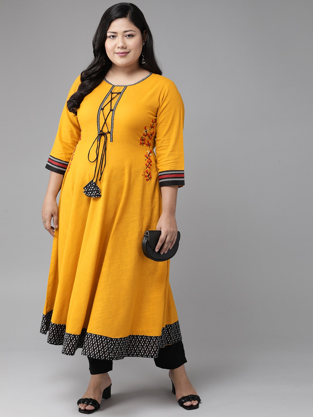 Cotton Slub Embroidered Anarkali Kurta (Yellow)