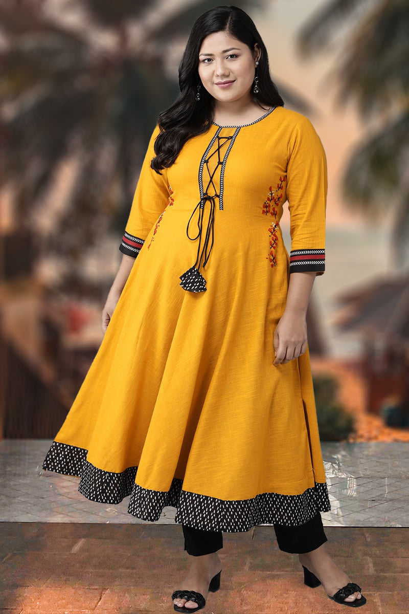Cotton Slub Embroidered Anarkali Kurta (Yellow)