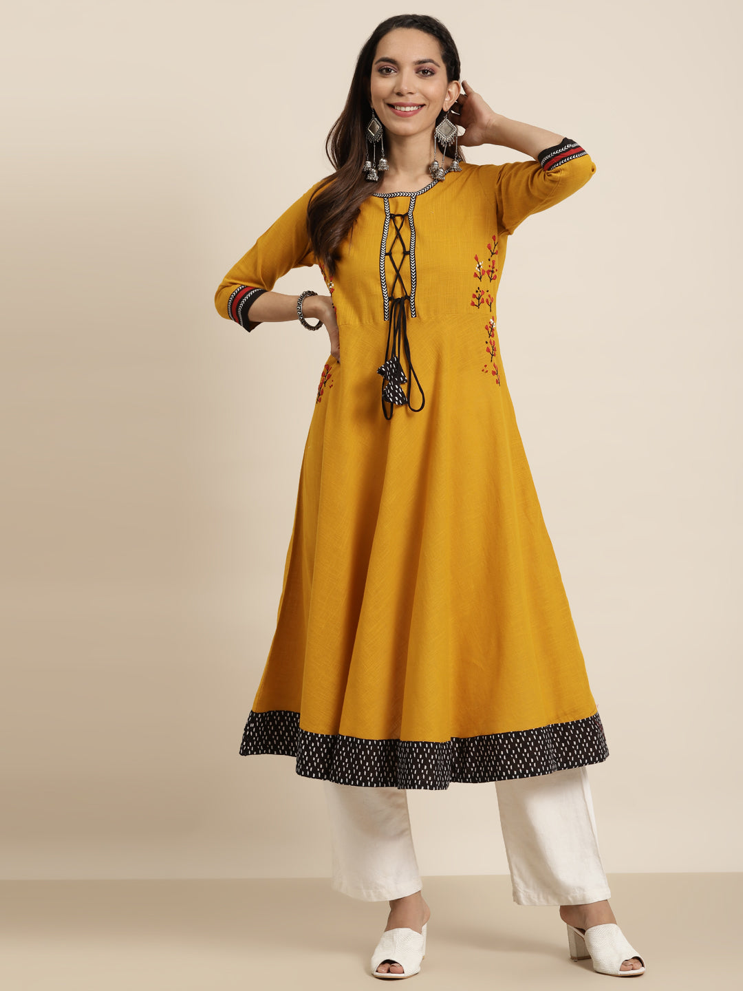  Cotton Slub Embroidered Anarkali Kurta (Yellow)