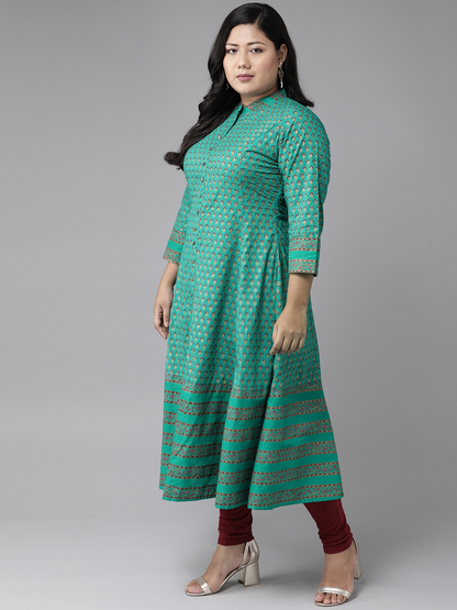 women green cotton floral printed anarkali kurta green