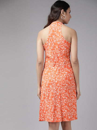 womens rayon floral printed short dress orange