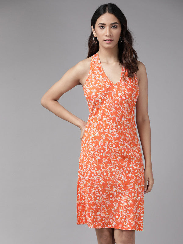 Rayon Floral Printed Short Dress (Orange)