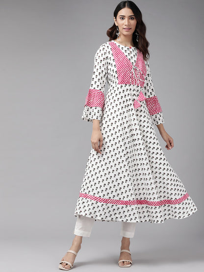 womens rayon floral printed anarkali kurta white