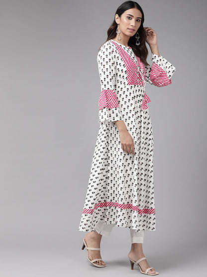 womens rayon floral printed anarkali kurta white