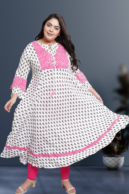 womens rayon floral printed anarkali kurta white