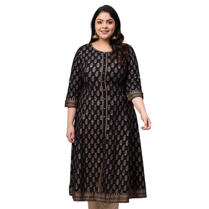 womens cotton gold print anarkali kurta black