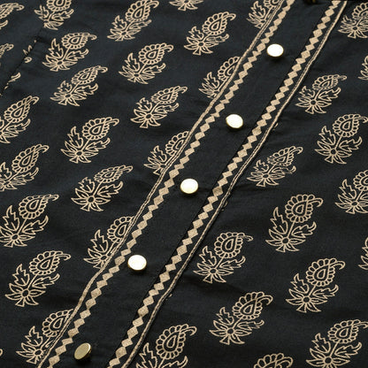 womens cotton gold print anarkali kurta black