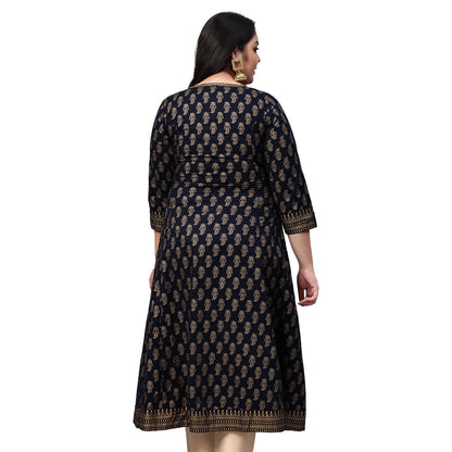 womens cotton gold print anarkali kurta black