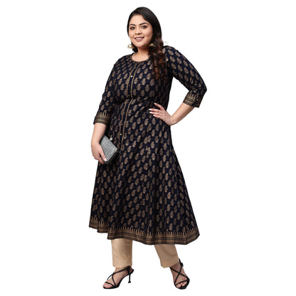 womens cotton gold print anarkali kurta black