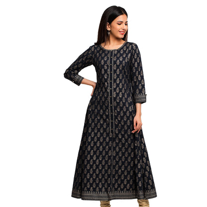 womens cotton gold print anarkali kurta black