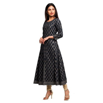 womens cotton gold print anarkali kurta black