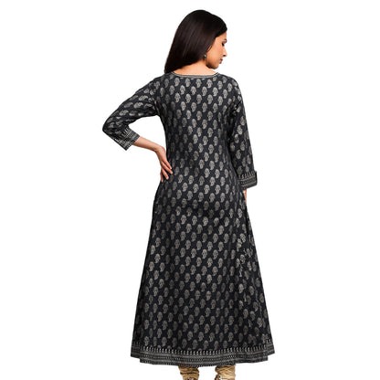 womens cotton gold print anarkali kurta black