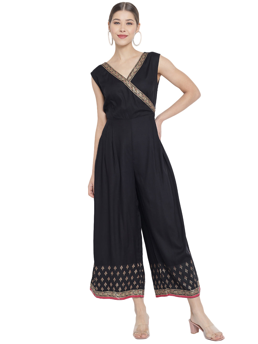 womens rayon printed jumpsuit black