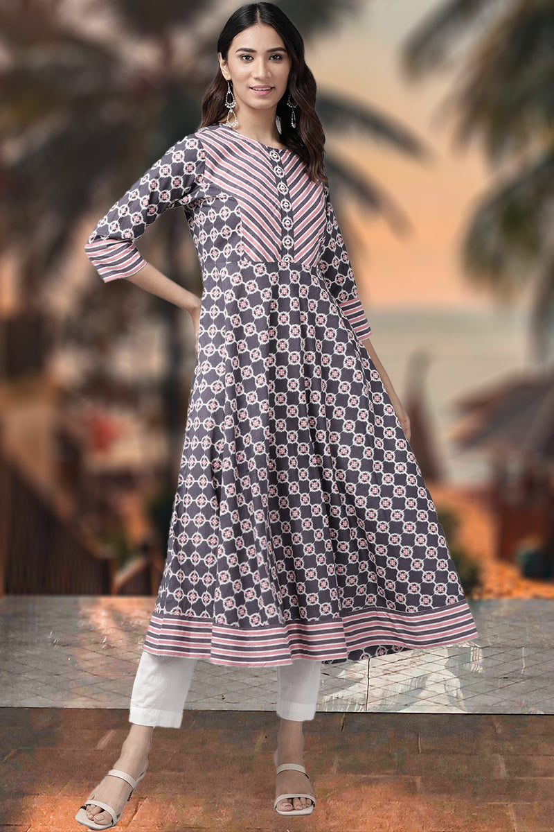 womens cotton floral printed anarkali kurta pink