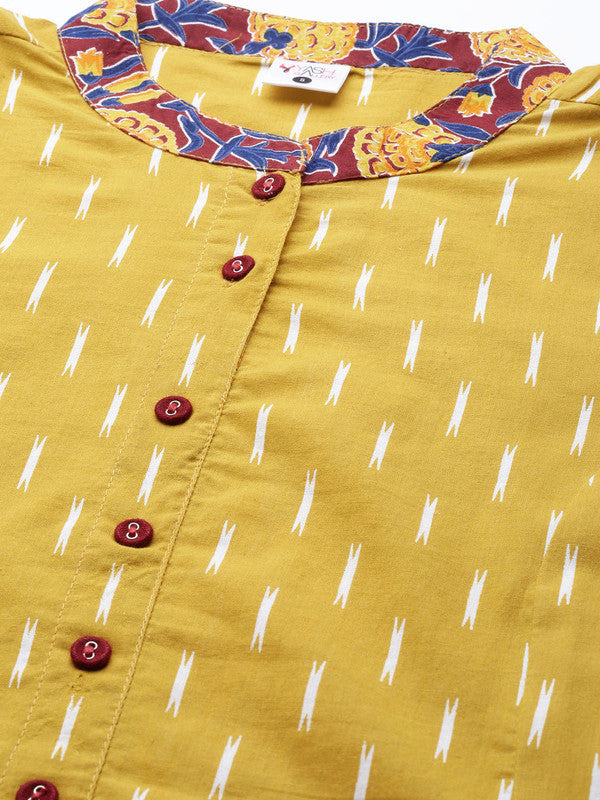 womens cotton ikat floral printed anarkali kurta mustard