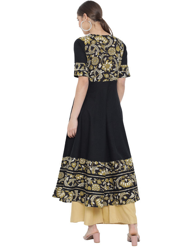 Cotton Floral Printed Anarkali Kurti (Black)