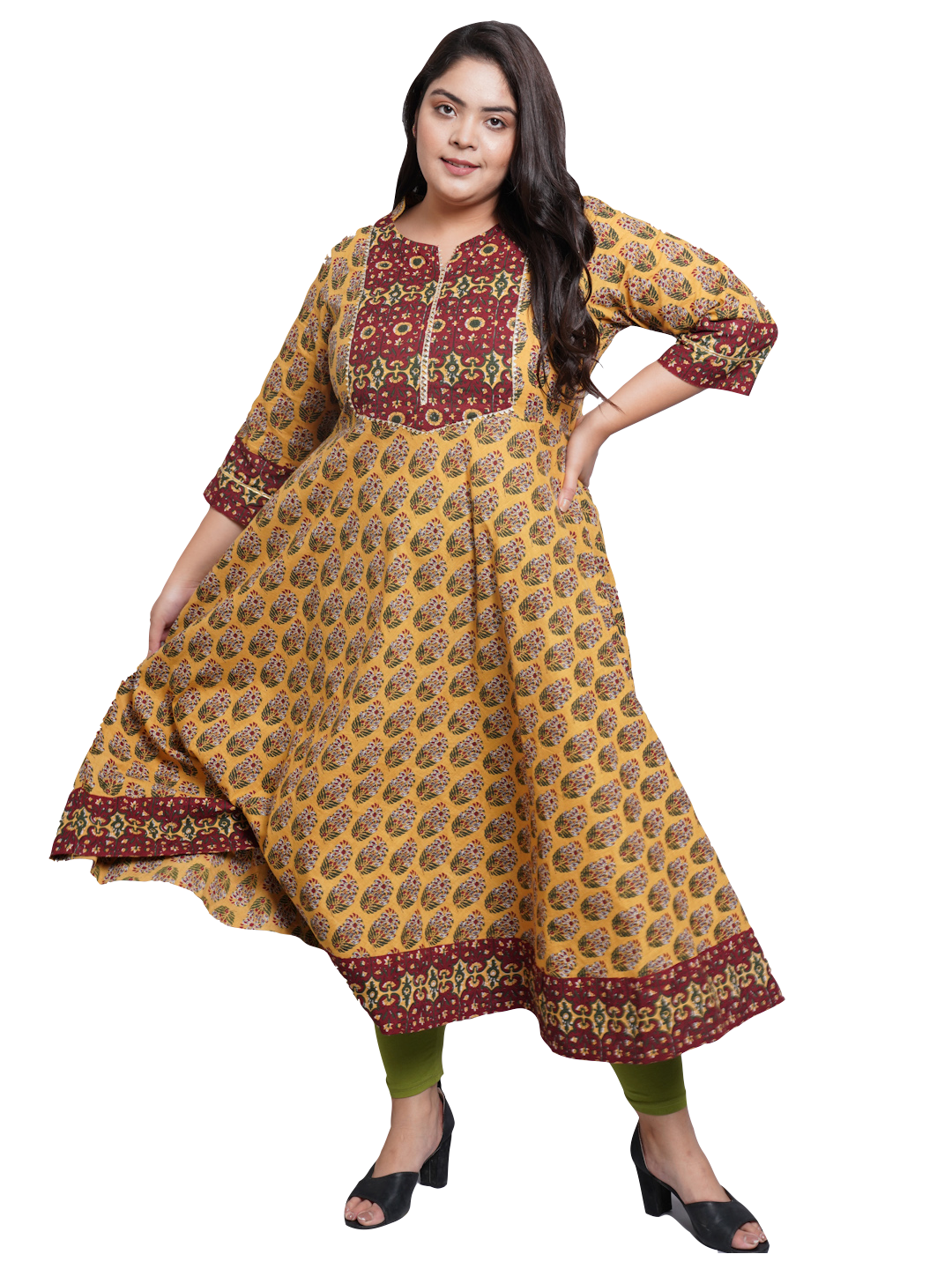 Cotton Floral Printed Anarkali Kurta (Mustard)