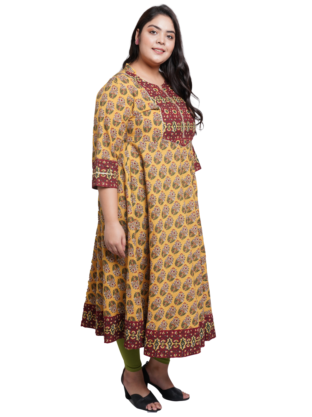 Cotton Floral Printed Anarkali Kurta (Mustard)