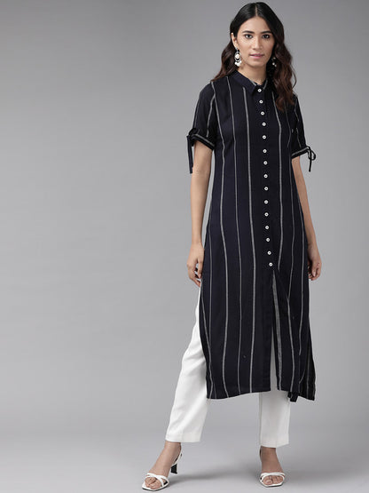 womens rayon stripe printed straight kurta blue