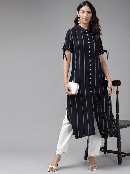 womens rayon stripe printed straight kurta blue