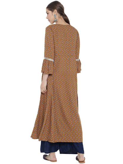 womens floral printed a line kurti brown