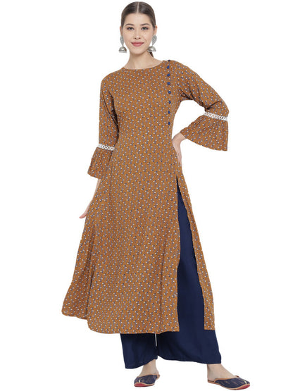 womens floral printed a line kurti brown