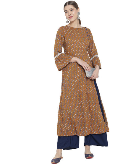 womens floral printed a line kurti brown