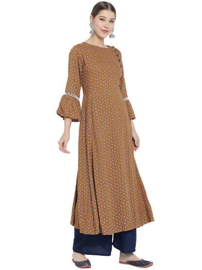 womens floral printed a line kurti brown