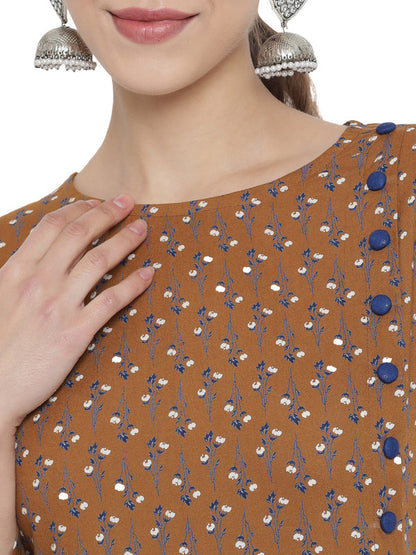 womens floral printed a line kurti brown