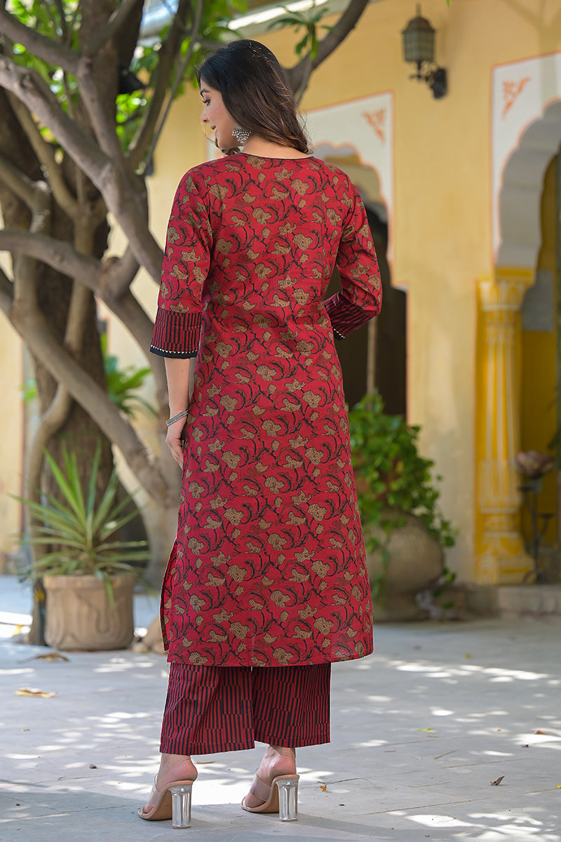 womens cotton floral print straight kurta palazzo set pink