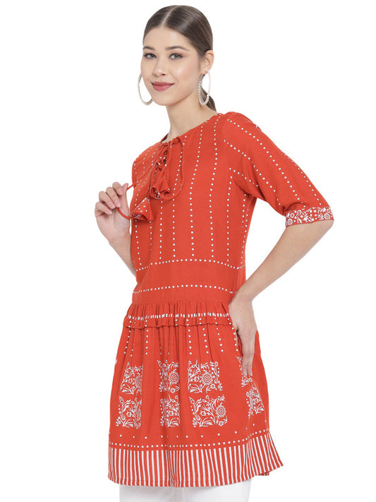 womens rayon floral printed short kurti orange