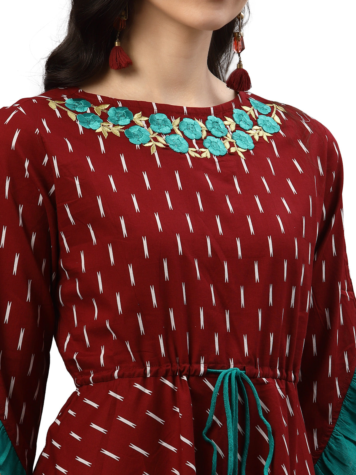 Cotton Embroidered Ikat Printed Anarkali Kurta Dress