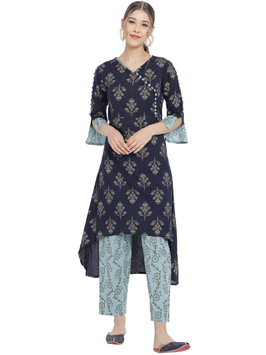 womens cotton floral print a line kurta pant set multi