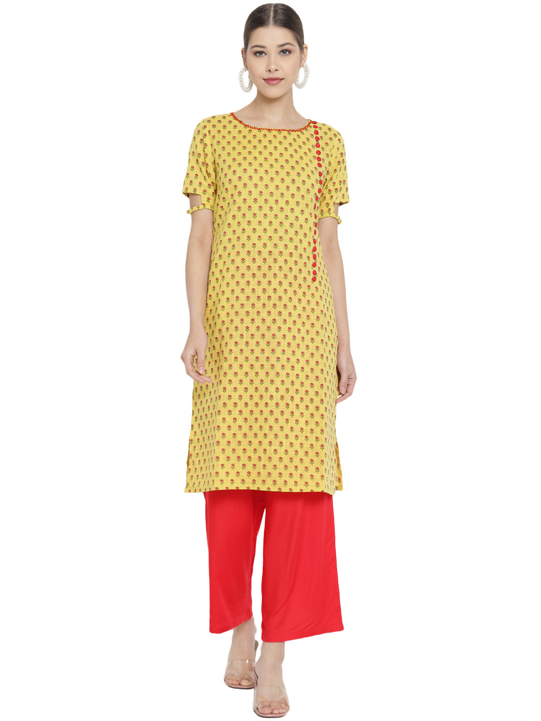 womens cotton rayon floral print straight kurta palazzo set yellow red