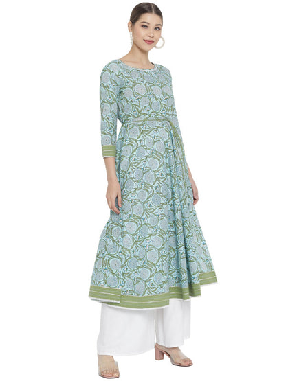 womens cotton floral printed anarkali kurti blue